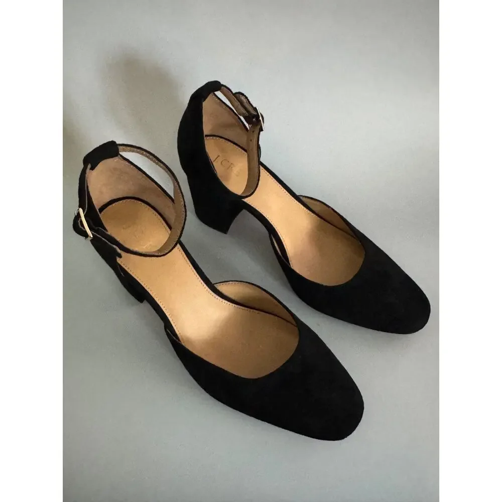 J. Crew Factory Black Suede Ankle Strap Block Heels